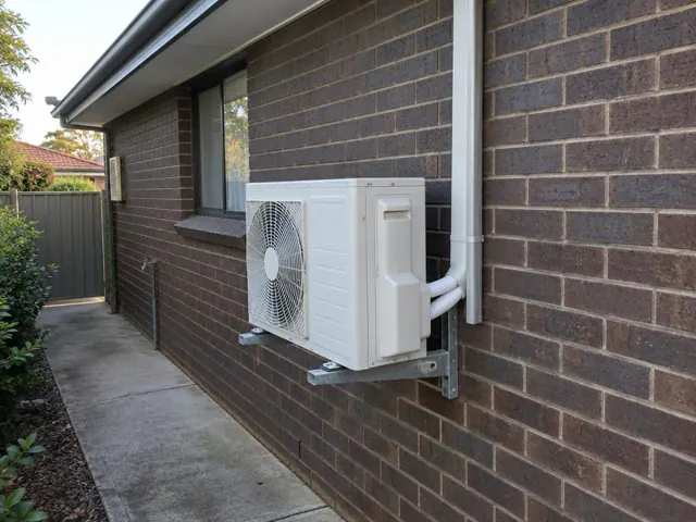 Outdoor air conditioner unit on wall brackets beside a brick house exterior in Salisbury Heights